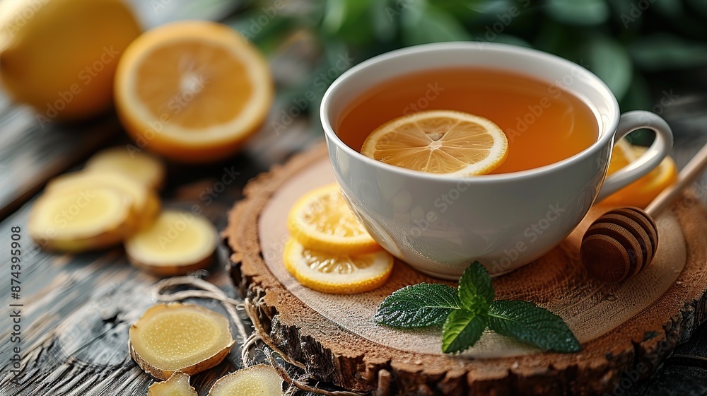 Closeup of cup of tea with tea leaves, mint on vintage wooden background. Black herbal tea with lemon Closeup of cup of tea with tea leaves, mint on vintage wooden background. Black herbal tea with lemon