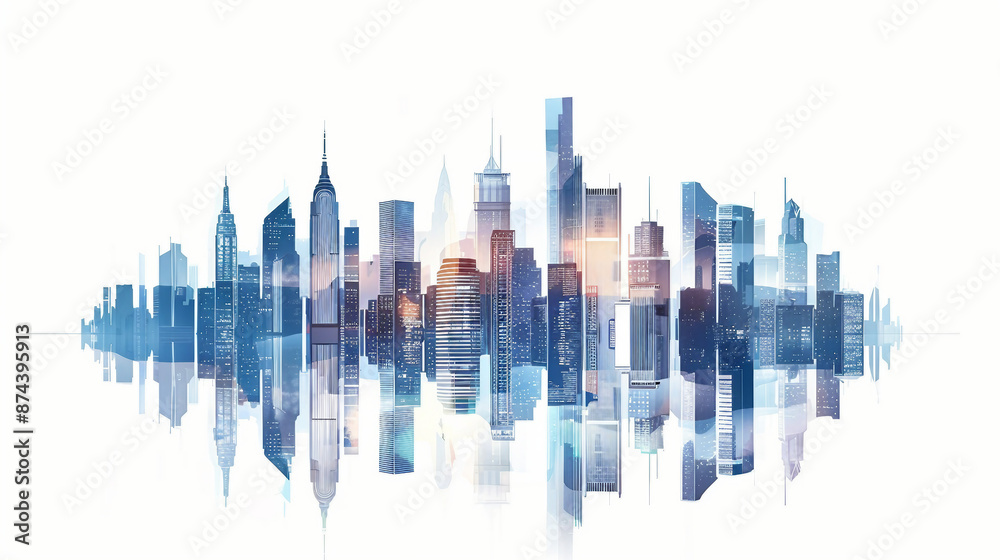 Modern city illustration on white background with space for text. Concept of success in international business, featuring skyscrapers, banks, and office buildings in a downtown financial district. Modern city illustration on white background with space for text. Concept of success in international business, featuring skyscrapers, banks, and office buildings in a downtown financial district.