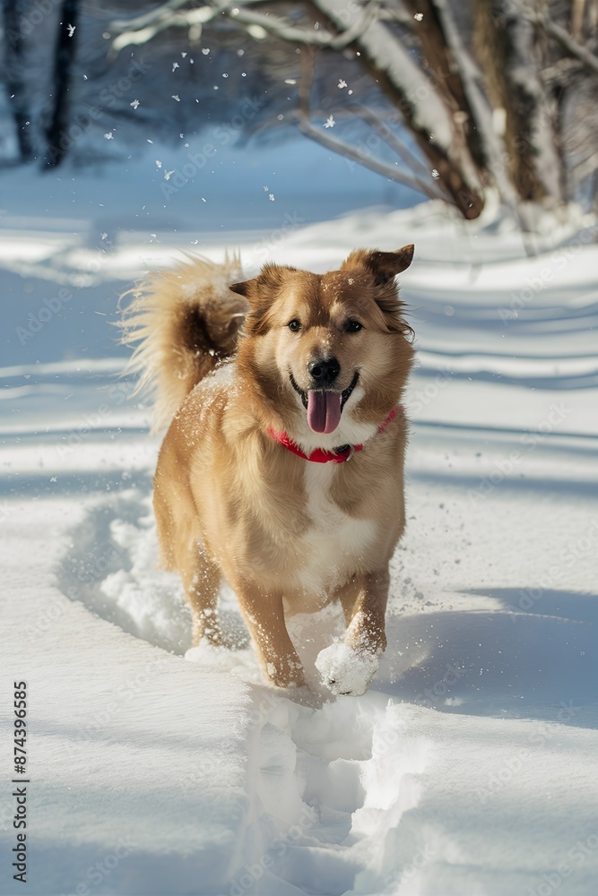Golden Retriever Playing in Snow with Red Collar Golden Retriever Playing in Snow with Red Collar