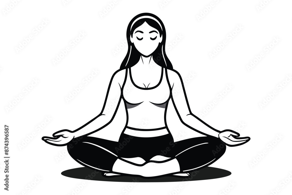 A simple black and white outline drawing of a woman practicing yoga. A simple black and white outline drawing of a woman practicing yoga.