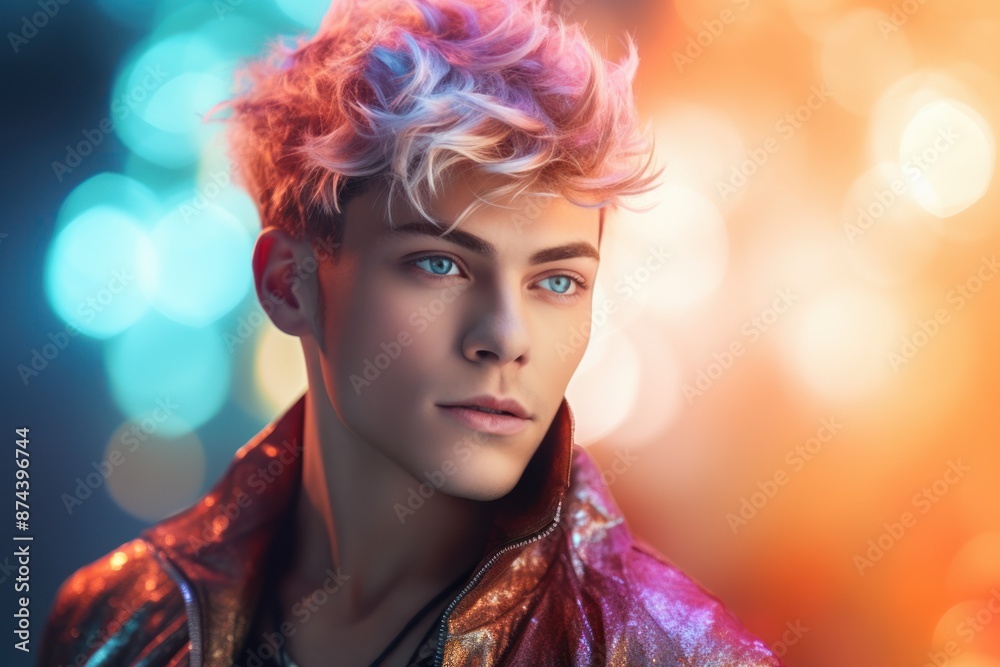 Portrait of a young male model with a multicolored hairstyle on a bokeh background