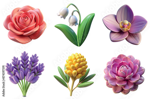 Collection of different 3d flowers illustrations including rose, lavender, orchid, mimosa, pion
