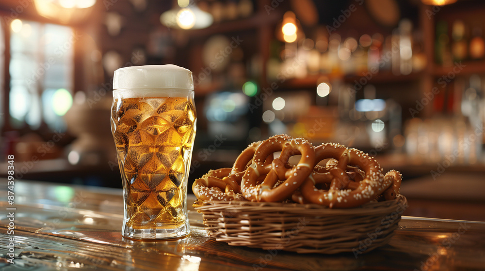 Casual setting with beer and pretzels, featuring a cold glass of beer and a basket of salted pretzels, placed on a wooden bar counter with soft, warm lighting Casual setting with beer and pretzels, featuring a cold glass of beer and a basket of salted pretzels, placed on a wooden bar counter with soft, warm lighting