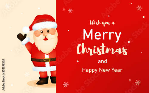 Xmas greeting card banner with cheerful santa on red background in cartoon style.We wish you a merry christmas and happy new year 2025.