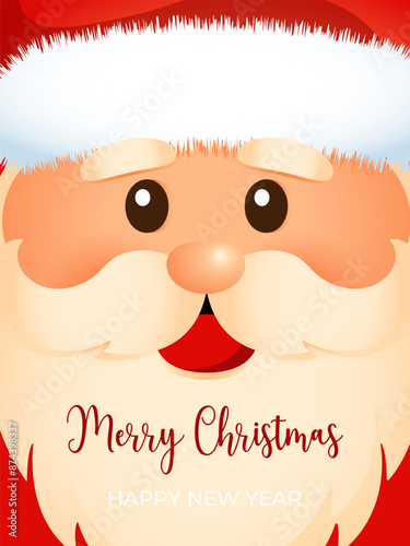 Children's card with a cute and cheerful face of Santa in carton style for Christmas and New Year.