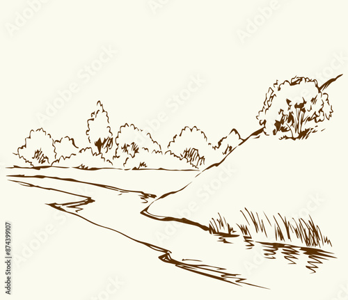 Vector drawing. Summer river scene