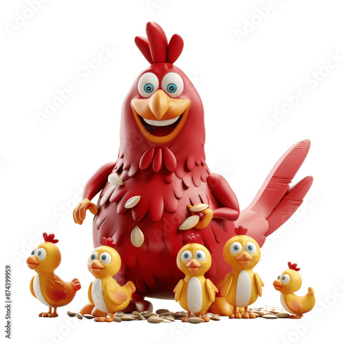 Adorable Cartoon Hen And Bantams 3D Isolated

