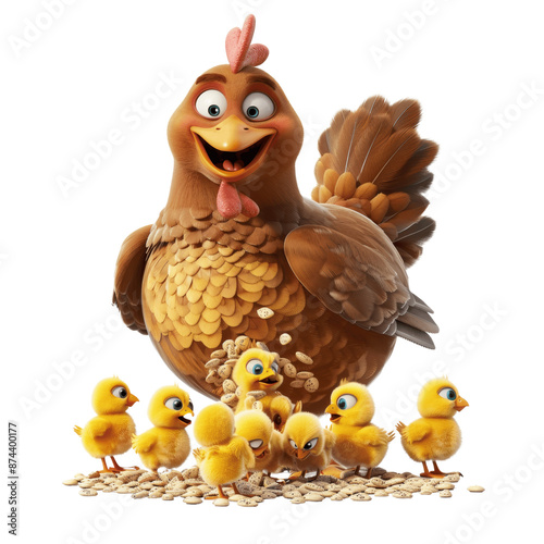 Cartoon Mother Hen With Chicks 3D Isolated
