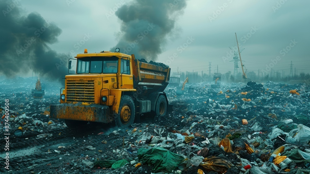 A yellow industrial truck at a waste management site surrounded by piles of garbage and heavy smoke under an overcast sky. A yellow industrial truck at a waste management site surrounded by piles of garbage and heavy smoke under an overcast sky.