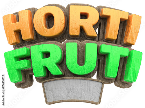 HORTIFRUTI SELO 3D COM TEXTURA DE MADEIRA NAS CORES LARANJADO E VERDE 