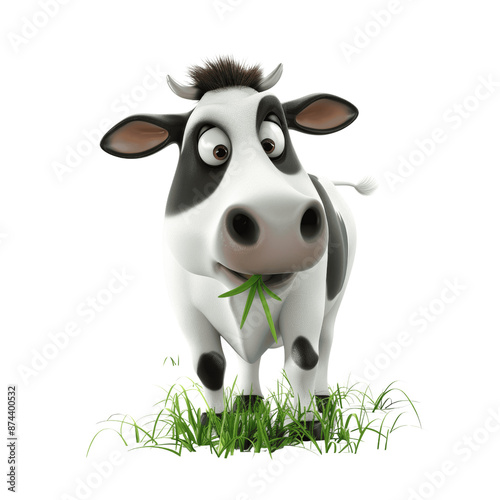 Contented 3D Cartoon Cow Chewing Grass Isolated
