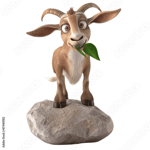 Curious 3D Cartoon Goat On Rock Isolated
