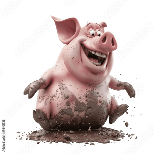 Happy 3D Cartoon Hog Wallowing Isolated