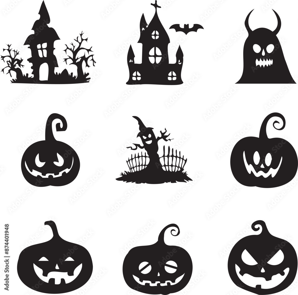 Obraz premium Halloween icons silhouette logo black and white background