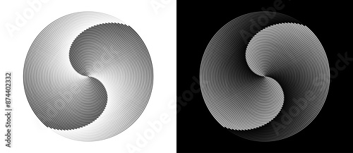 Lines in circle abstract background. Dynamic transition illusion in spiral. Yin and yang style. Black shape on a white background and the same white shape on the black side.