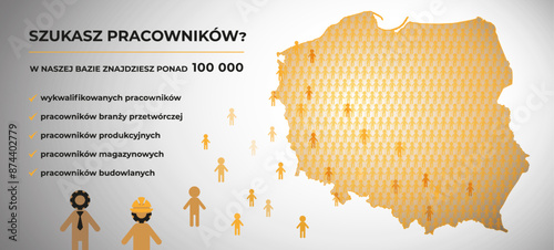 Adwertising agensy, hiring, b2b, Work Poland banner, Poland map, We help hire workers, job vacancy social media post banner design template with grey and orange color.