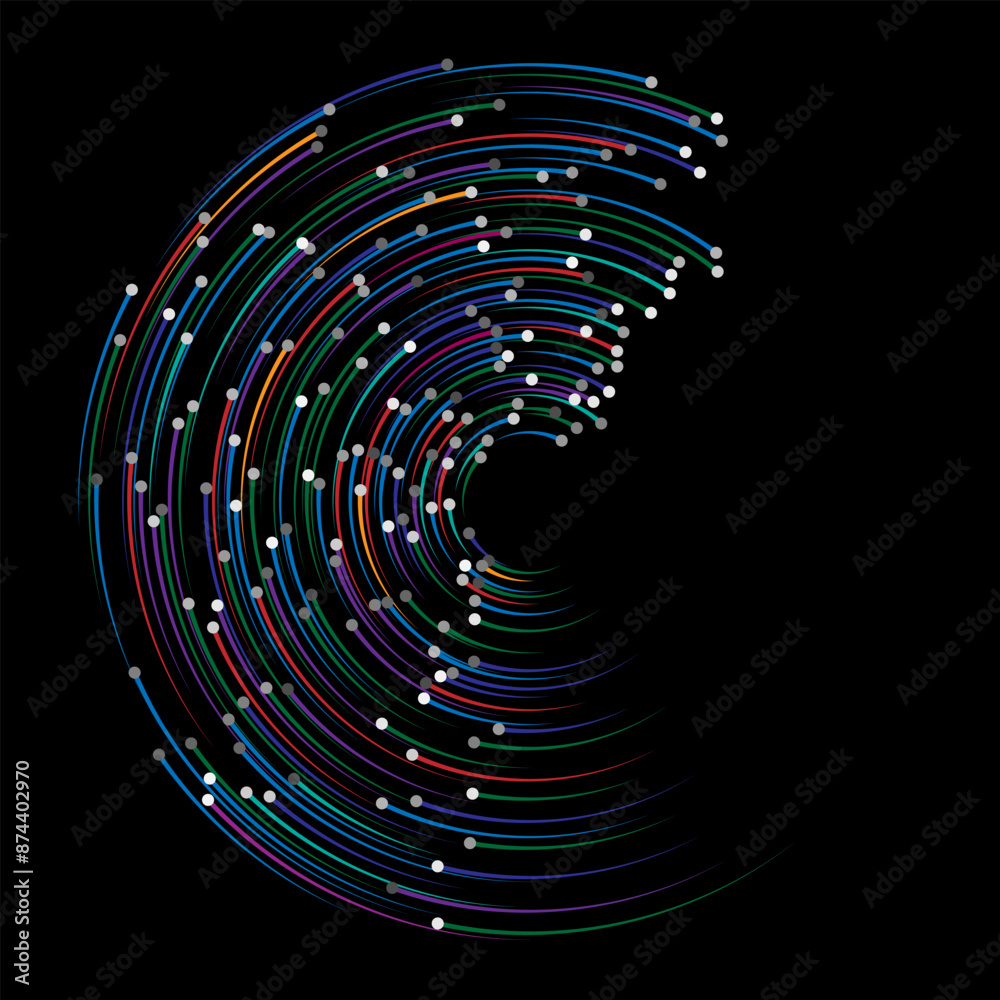 Fototapeta premium Color speed lines with gray dots in spiral. Round logo or icon. Design element or abstract geometric shape like letter C.