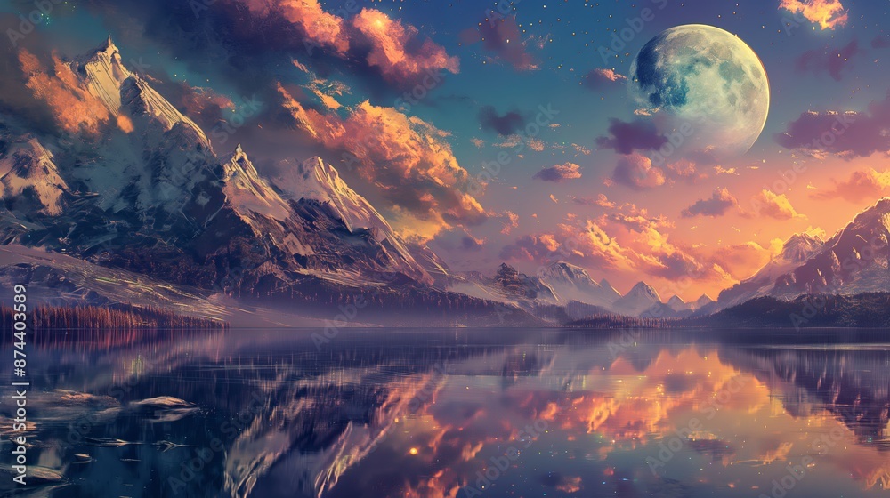 beautiful sky over mountains and lakes with a distant moon beautiful sky over mountains and lakes with a distant moon