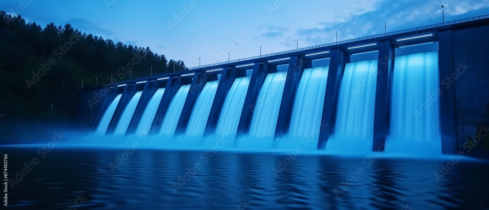 Hydroelectric dam generating power, Realistic, Natural and blue tones ...