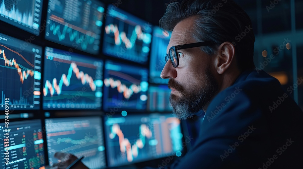 Focused financial analyst reviewing live stock market feeds on dual monitors. Represents contemporary finance culture and investment strategies in a corporate setting. Focused financial analyst reviewing live stock market feeds on dual monitors. Represents contemporary finance culture and investment strategies in a corporate setting.