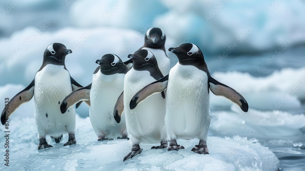 Fototapeta premium Penguins on an icy shoreline, Polar wildlife, social and resilient