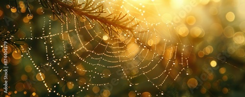 The image is a close-up of a spider web in the morning dew. The web is glistening in the sunlight and the dew is reflecting the light. The image is very beautiful and delicate. photo