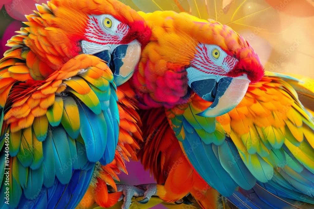 Obraz premium a surreal illustration of parrots with brightly colored feathers larger than life