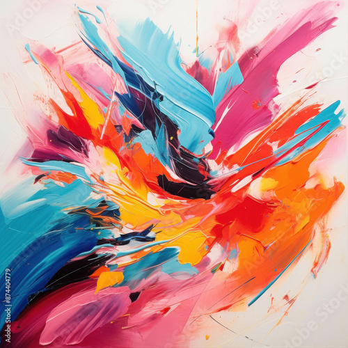 Vibrant Abstract Painting with Bold Strokes of Pink, Yellow, Blue, and Orange photo