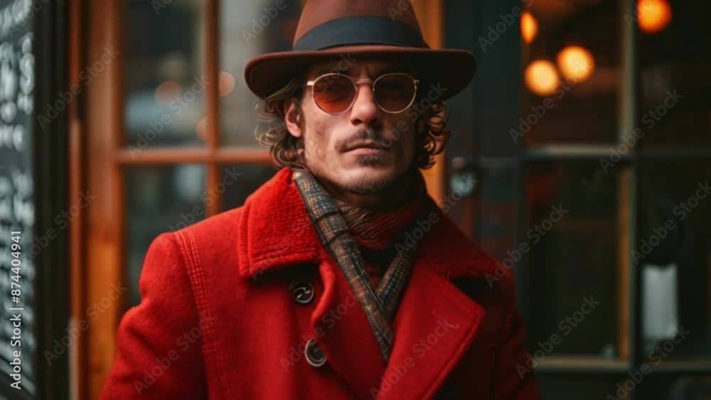 A man wearing a red coat, brown hat, and sunglasses stands in front of a storefront. A man wearing a red coat, brown hat, and sunglasses stands in front of a storefront.