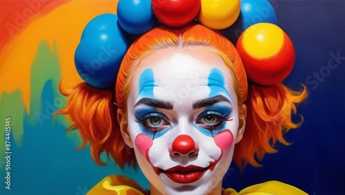 Vibrant painting of a clown with red hair, blue eyes, and clown makeup, dressed in a colorful costume with balloons.