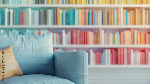 Blue modern sofa with colorful bookshelf background in a cozy living room setting © filmanana