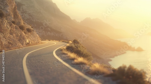 Scenic coastal road at sunset with mountains and sea in the background photo