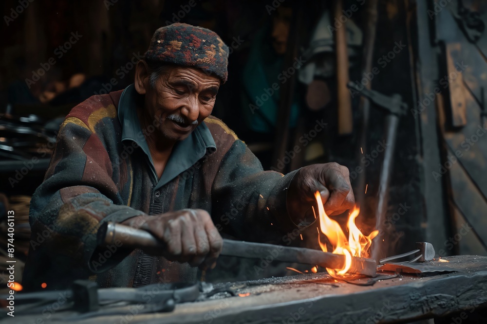 Skilled blacksmith shaping metal in fiery forge with traditional tools, showcasing dedication and expertise in metalworking industry