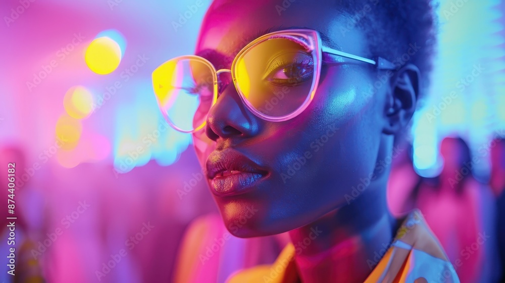 Vibrant nightlife portrait of stylish woman wearing neon glasses in futuristic club setting Vibrant nightlife portrait of stylish woman wearing neon glasses in futuristic club setting