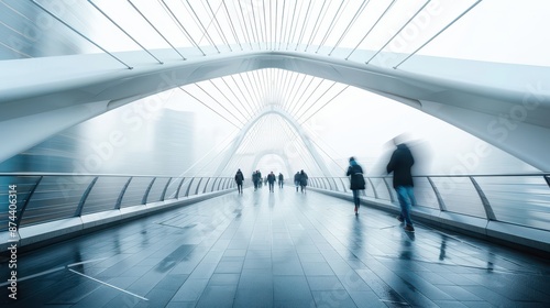 Modern pedestrian bridge with blurred figures in foggy urban environment photo