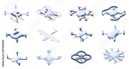 Isometric drones. Aerial drone unmanned remote control surveillance multicopter vehicles, wireless robotic helicopter copter technology. Vector isometric drones set.