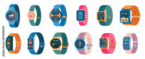 Smart watch. Cartoon fitness tracker with heart rate monitor step counter, electronic wristband with health application. Vector isolated set