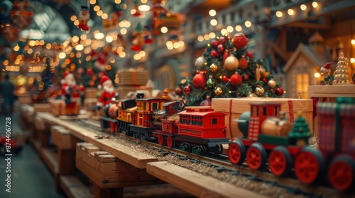 Festive christmas model train scene with holiday decorations and bokeh lights