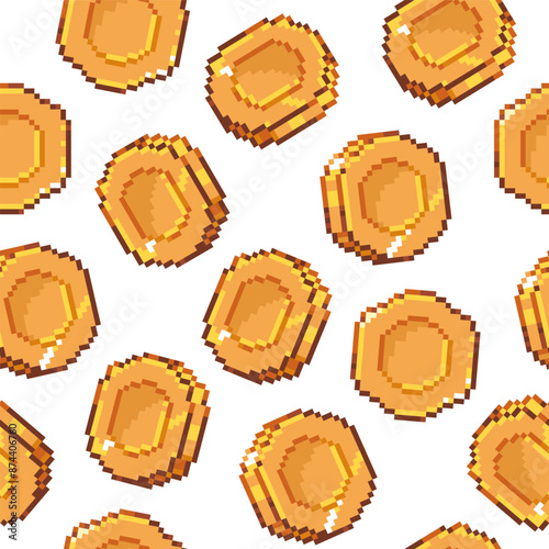 Pixel coin seamless pattern. Retro 8 bit golden coins arcade game background, old video game graphic element. Vector pixelated background with 80s old school style gold coins