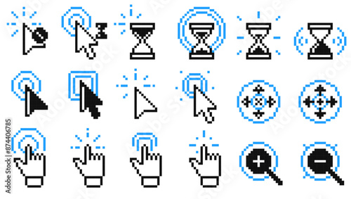 Pixel click icons. Vector arrow clicks icon mouse pointer hand touch finger tap target cursor flat style, web computer mouse cursor click buttons. Vector pixel click icons isolated set.