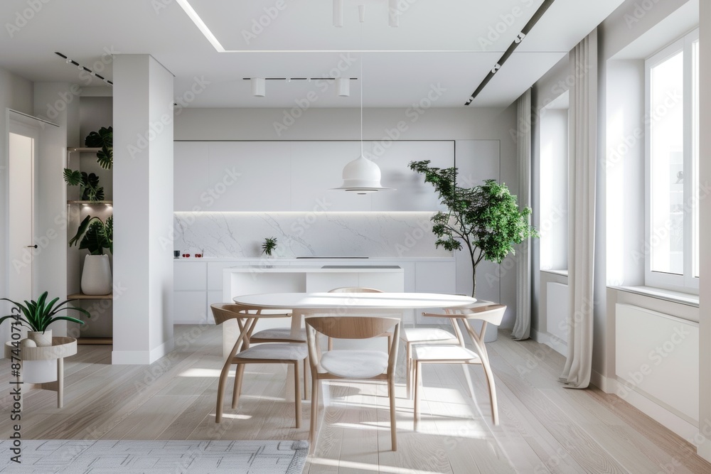 Fototapeta premium interior, apartment in Scandinavian hygge architectural style, clean modern design featuring grey and white color scheme, beautiful light