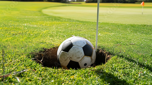 FootGolf concept background. A combination of soccer and golf, played on a golf course.