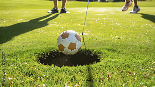 FootGolf concept background. A combination of soccer and golf, played on a golf course.
