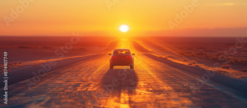 Solitary car on endless road during sunset journey through desert landscape photo