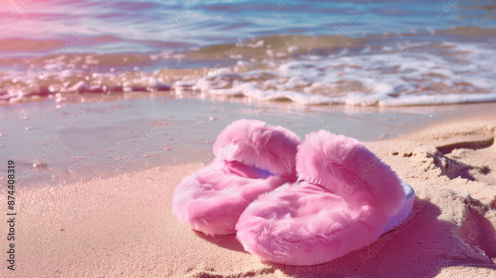Bright pink fuzzy slippers placed on a sandy beach with gentle ocean waves in the background under a warm, sunny sky.
Bright pink fuzzy slippers placed on a sandy beach with gentle ocean waves in the background under a warm, sunny sky.