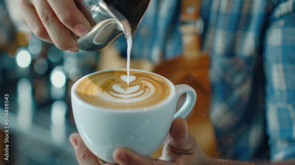 A barista is pouring milk into a cup of coffee. The coffee has a heart shape on top, which suggests that it is a special order. The barista is holding the cup with both hands