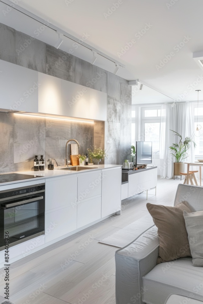 Fototapeta premium interior, apartment in Scandinavian hygge architectural style, clean modern design featuring grey and white color scheme, beautiful light
