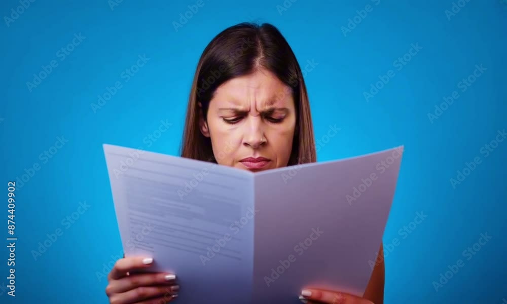 Shocked young woman reading a document isolated on blue background Shocked young woman reading a document isolated on blue background