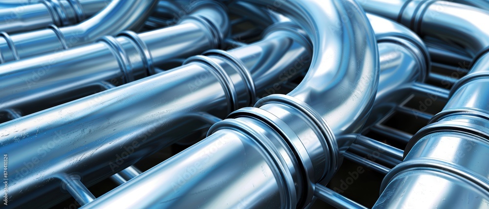 Close-up of industrial metal pipes with shiny surfaces. Ideal image for construction, engineering, and industrial themes. Close-up of industrial metal pipes with shiny surfaces. Ideal image for construction, engineering, and industrial themes.
