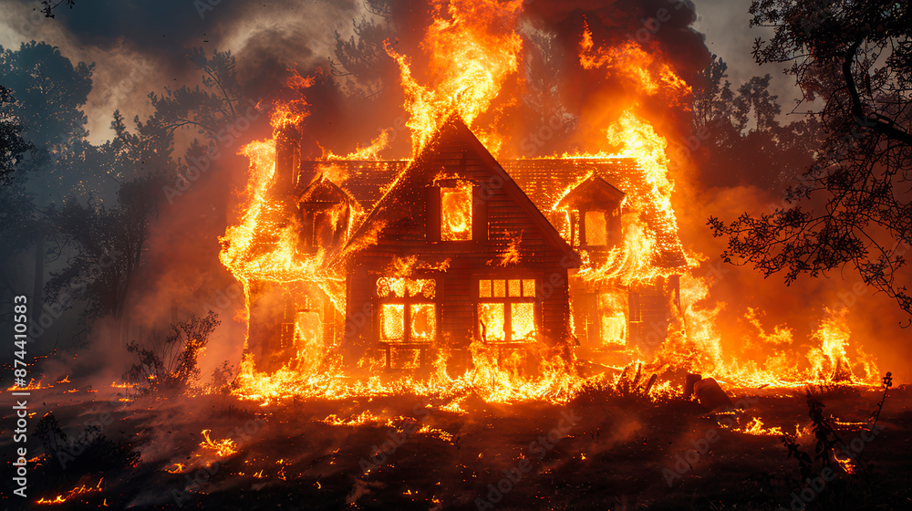 A house engulfed in flames at night, representing a devastating fire. Concept: Emergency response and disaster relief. Suitable for insurance companies, fire safety campaigns, and emergency services. A house engulfed in flames at night, representing a devastating fire. Concept: Emergency response and disaster relief. Suitable for insurance companies, fire safety campaigns, and emergency services.